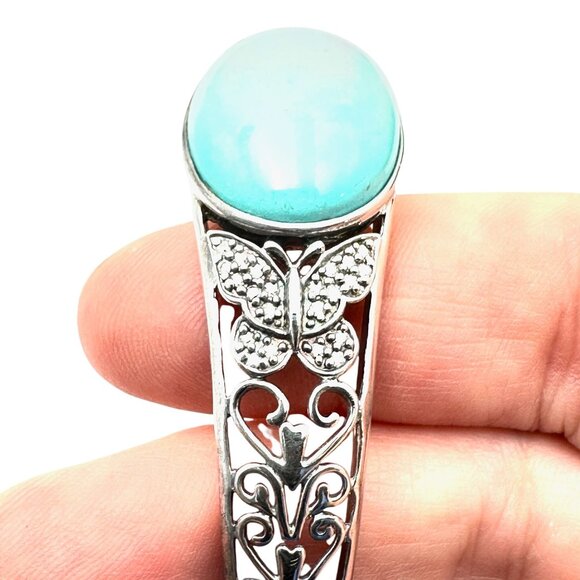 Diamond & Turquoise Sterling Silver Cuff Bracelet 22 grams 7.25 Inch - Picture 2 of 4